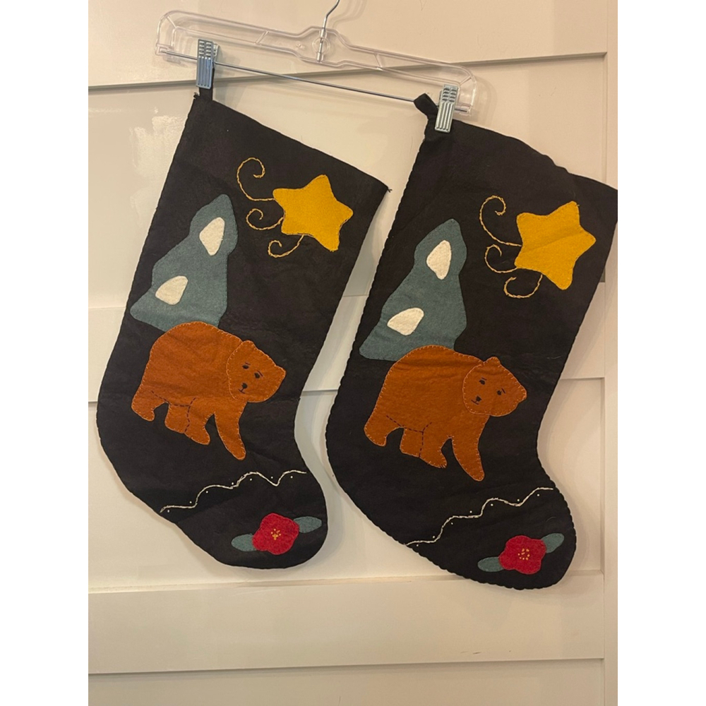 Vintage Felt Christmas Stockings – Bear & Star Appliqué – Set of 2 – Large 20”